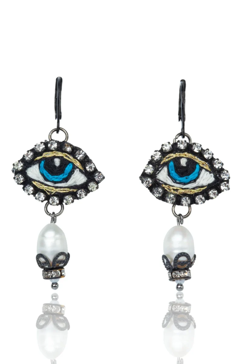Handmade Jewellery | Embroidered Evil Eye & Pearl Drop Dangle Earrings main