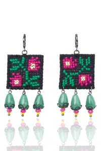 Handmade Jewellery | Artisan Floral Cross Stitch & Green Jade Drop Earrings main