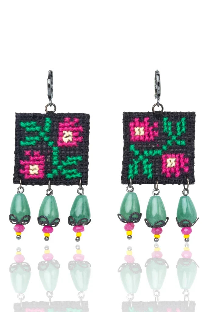 Handmade Jewellery | Artisan Floral Cross Stitch & Green Jade Drop Earrings main