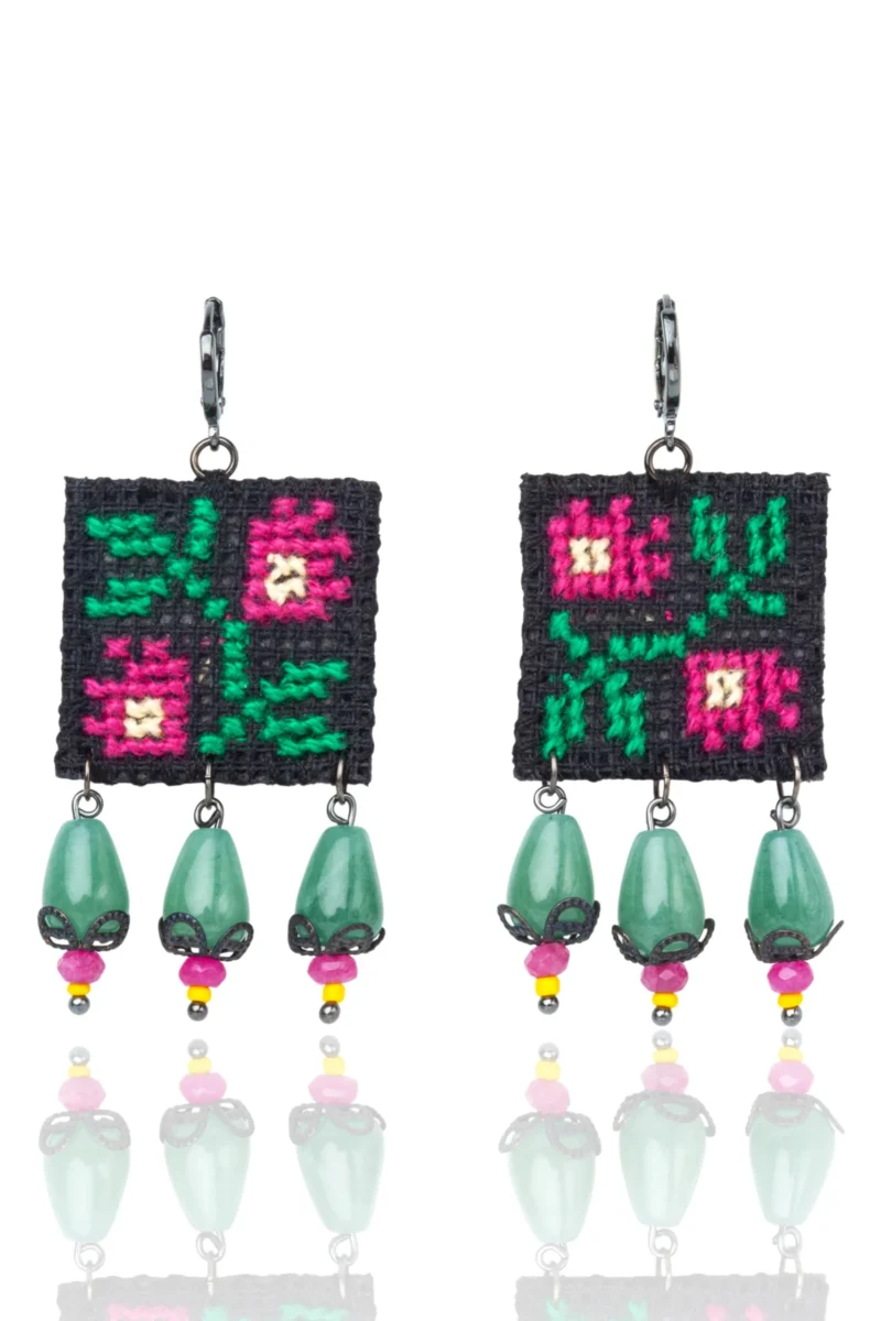 Handmade Jewellery | Artisan Floral Cross Stitch & Green Jade Drop Earrings main