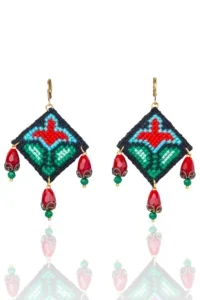 Handmade Jewellery | Handcrafted Tulip Motif Earrings with Red Teardrop Dangles main