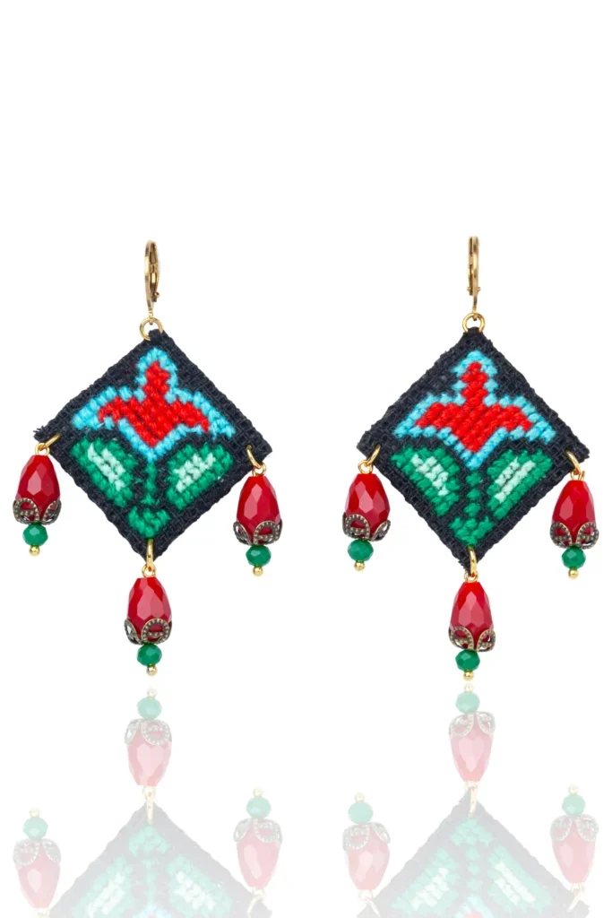 Handmade Jewellery | Handcrafted Tulip Motif Earrings with Red Teardrop Dangles main