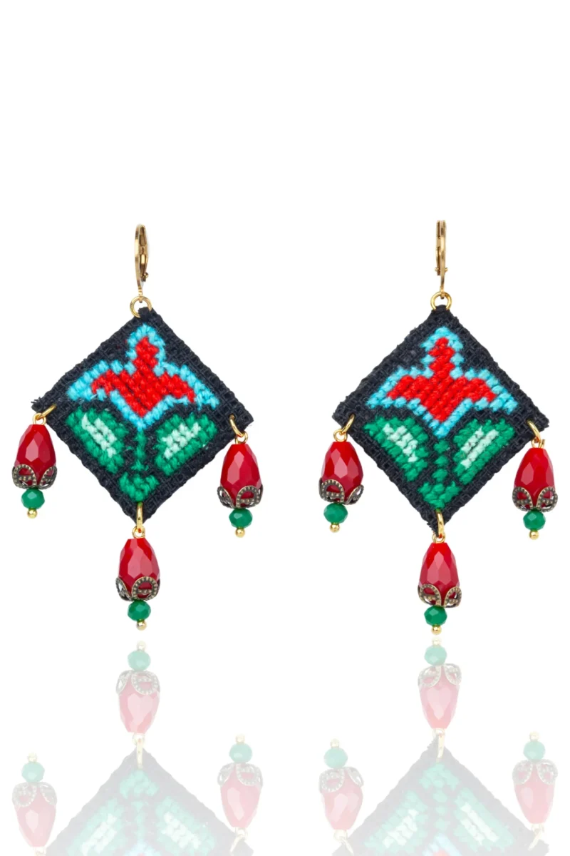 Handmade Jewellery | Handcrafted Tulip Motif Earrings with Red Teardrop Dangles main