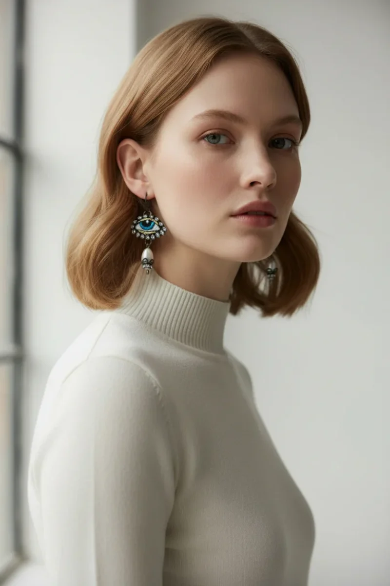 Handmade Jewellery | Embroidered Evil Eye & Pearl Drop Dangle Earrings gallery 1