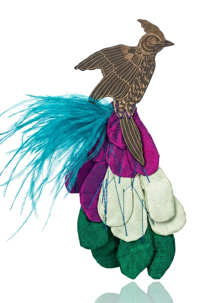 Handmade Brass Engraved Bird Brooch with Fabric Petals & Turquoise Feathers