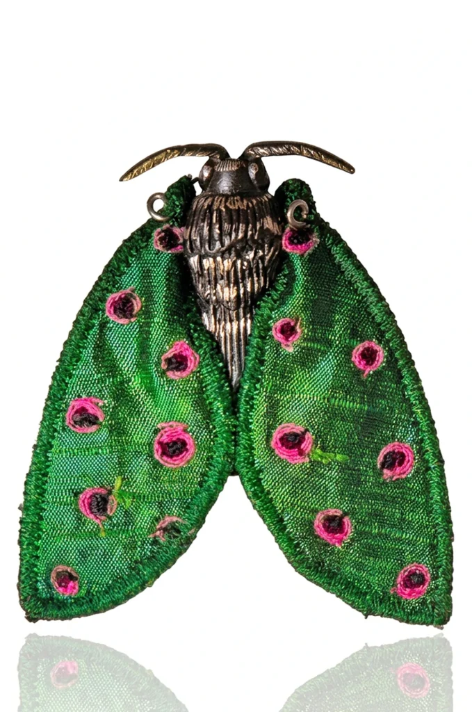 Artisan Textile Brooch with Engraved Insect Body