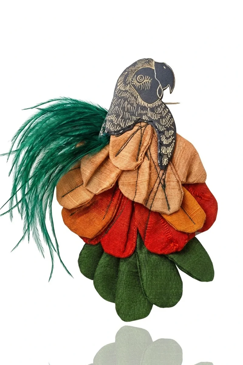 Artisan Multi-Color Textile Brooch with Etched Bird Detail