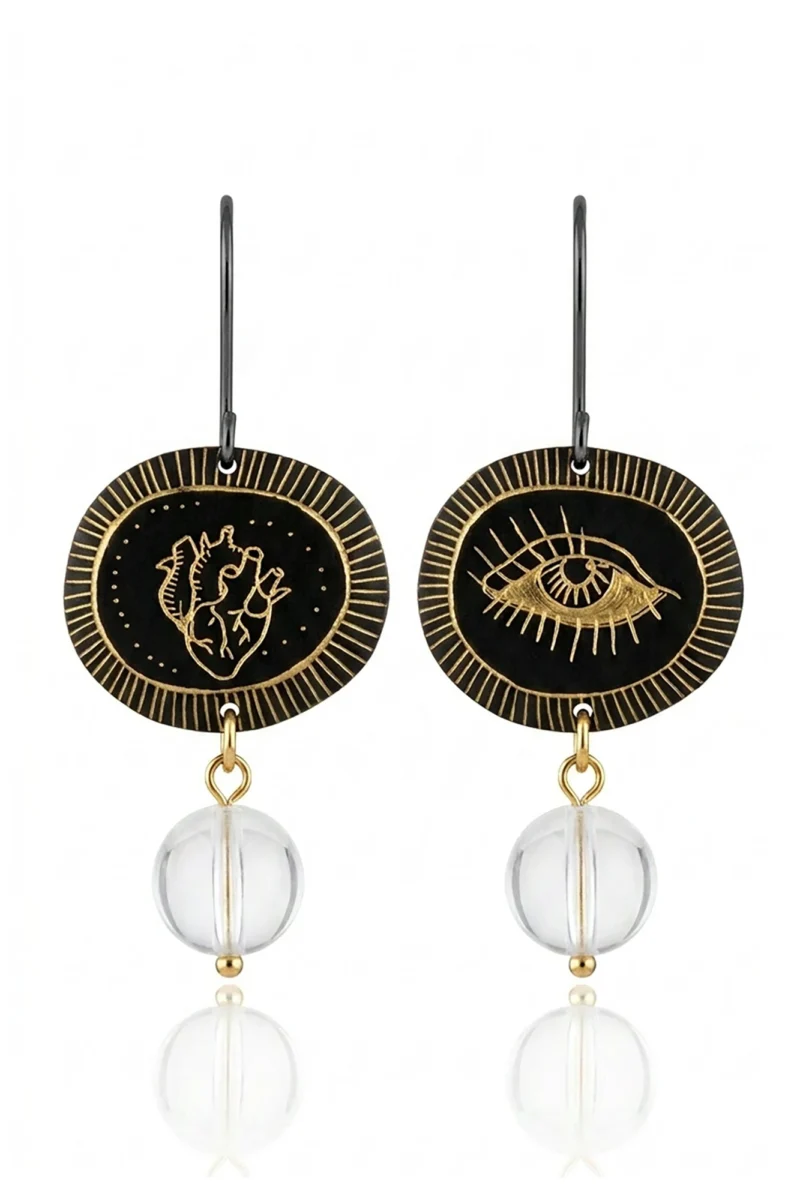 Handmade Earrings with Gold Anatomical Heart & Eye Medallions