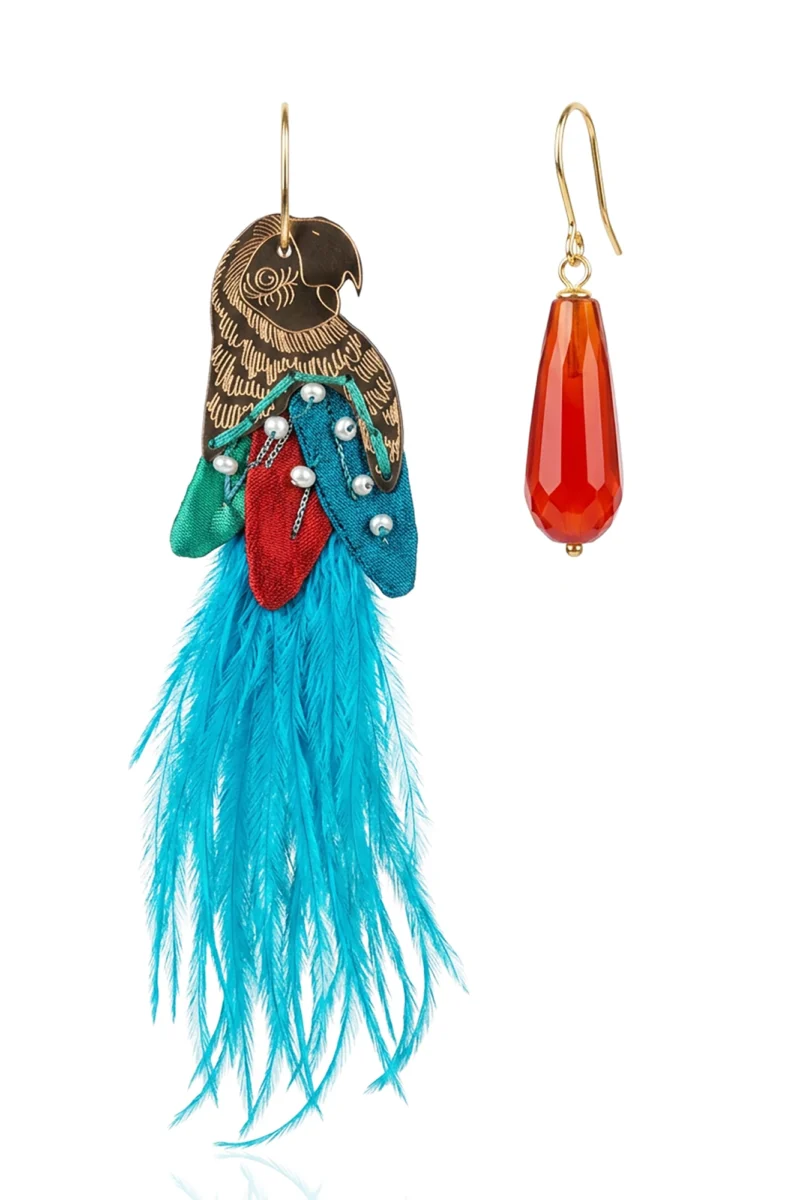 Handmade Engraved Brass Parrot Earrings with Silk Petals & Feathers