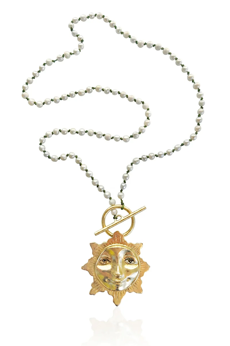 Alternative view of Handmade Brass Sun-Face Pendant Necklace with Pearl Beaded Chain