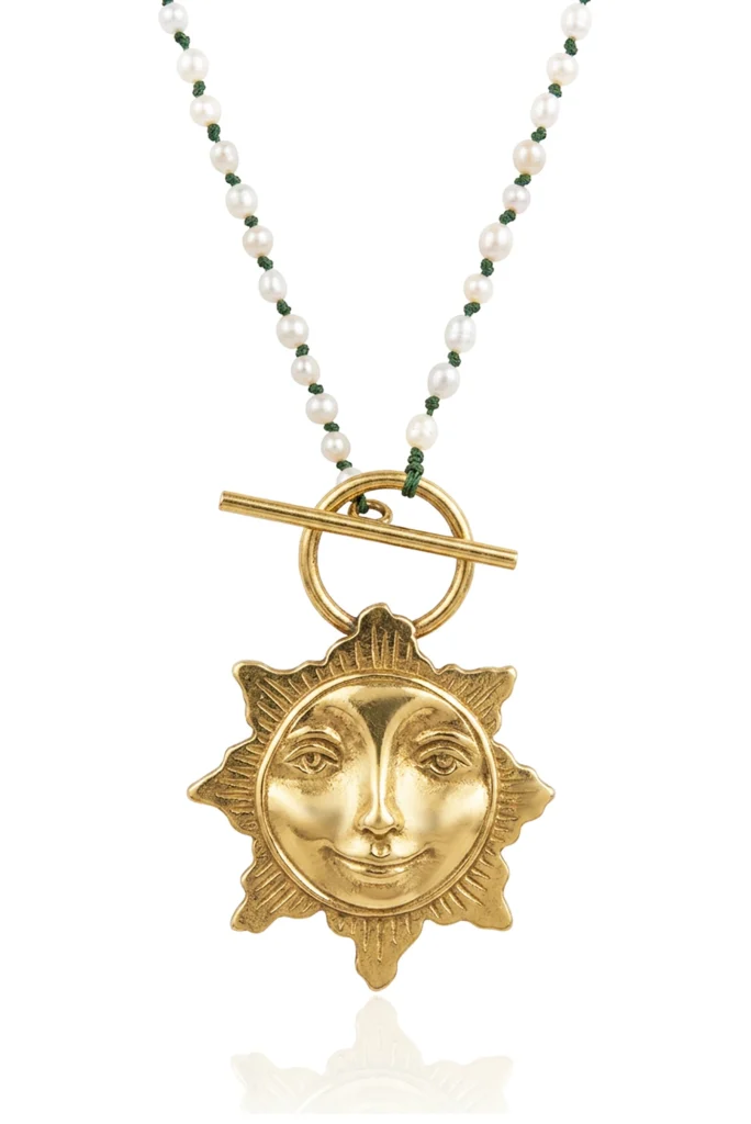 Handmade Brass Sun-Face Pendant Necklace with Pearl Beaded Chain