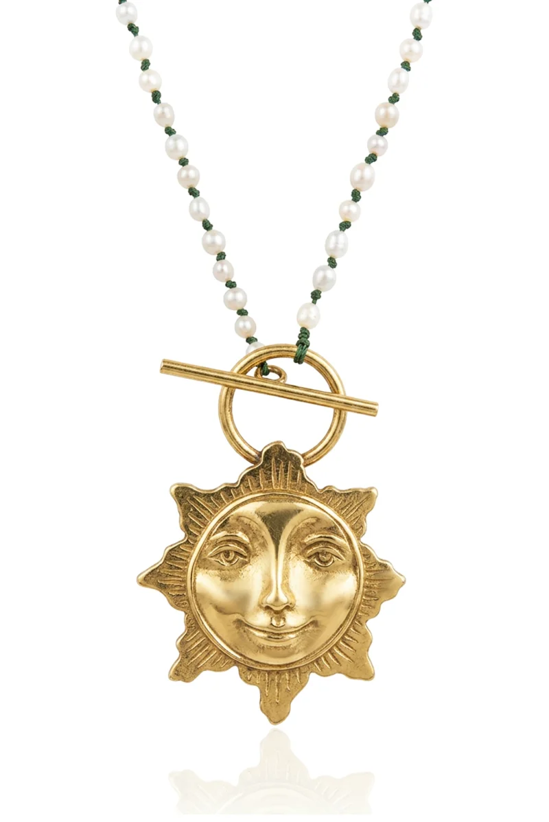 Handmade Brass Sun-Face Pendant Necklace with Pearl Beaded Chain