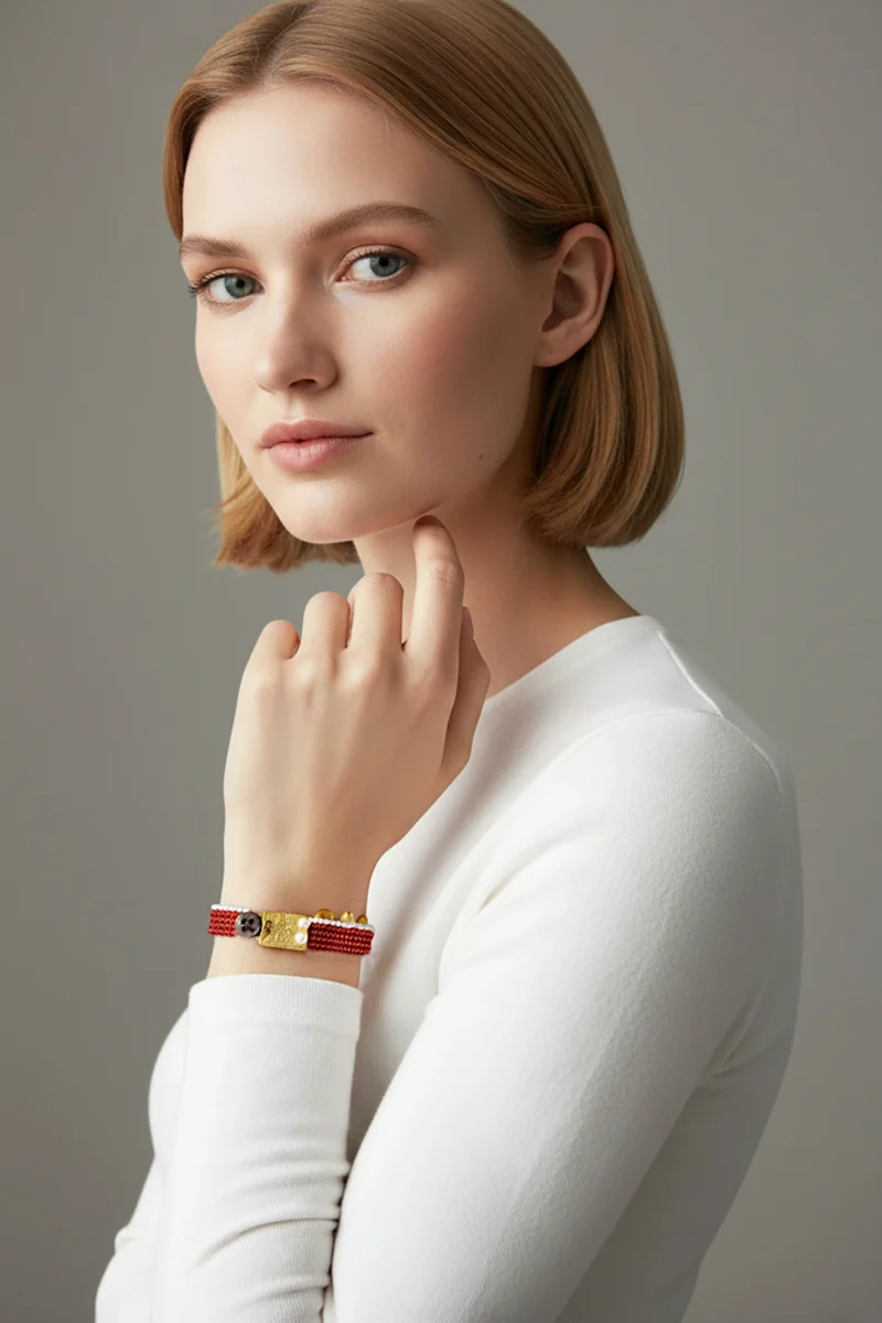 Alternative view of Artisan Hand-Woven Red & Gold Mesh Bracelet with Pearl Accents