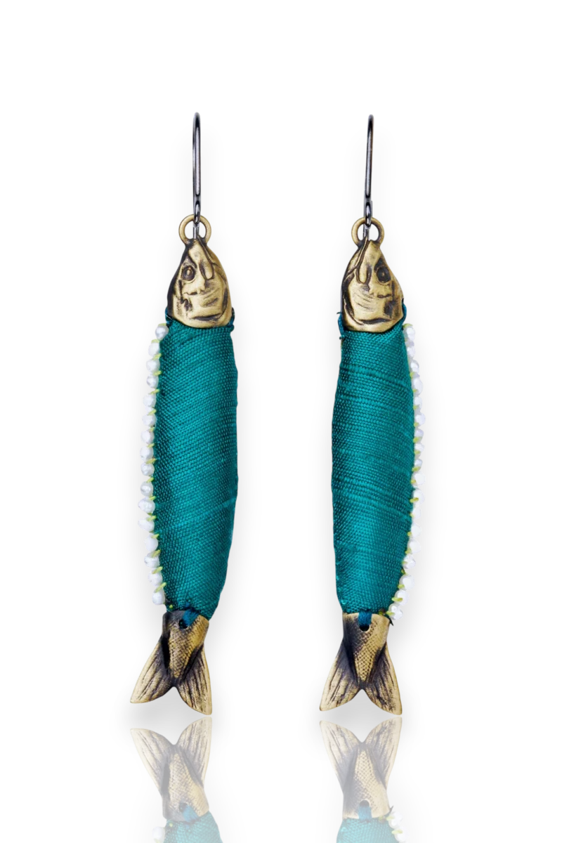 Handmade Brass & Silk Fish Earrings with Pearls