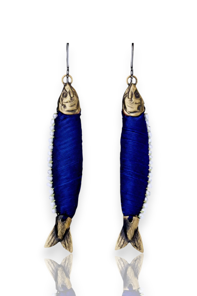 Handmade Brass & Emerald Silk Fish Earrings with Pearls