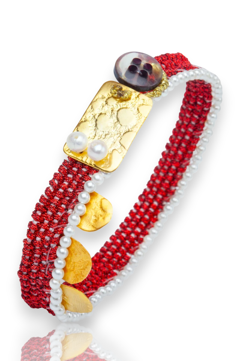 Artisan Hand-Woven Red & Gold Mesh Bracelet with Pearl Accents