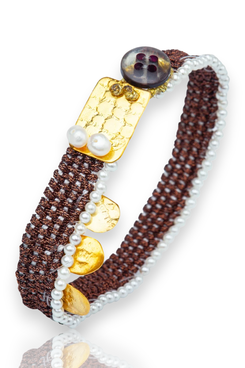 Handmade Woven Bracelet with Pearls and Gold-Plated Details