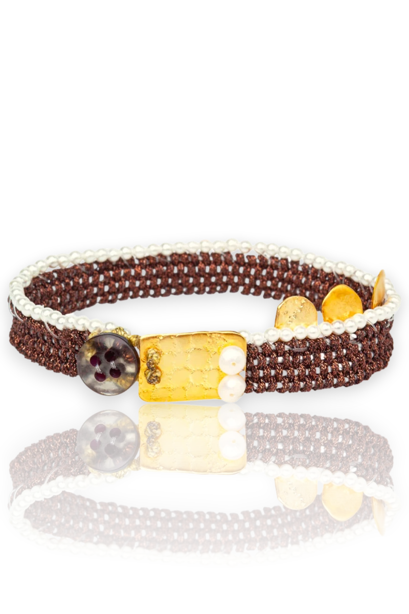 Alternative view of Handmade Woven Bracelet with Pearls and Gold-Plated Details
