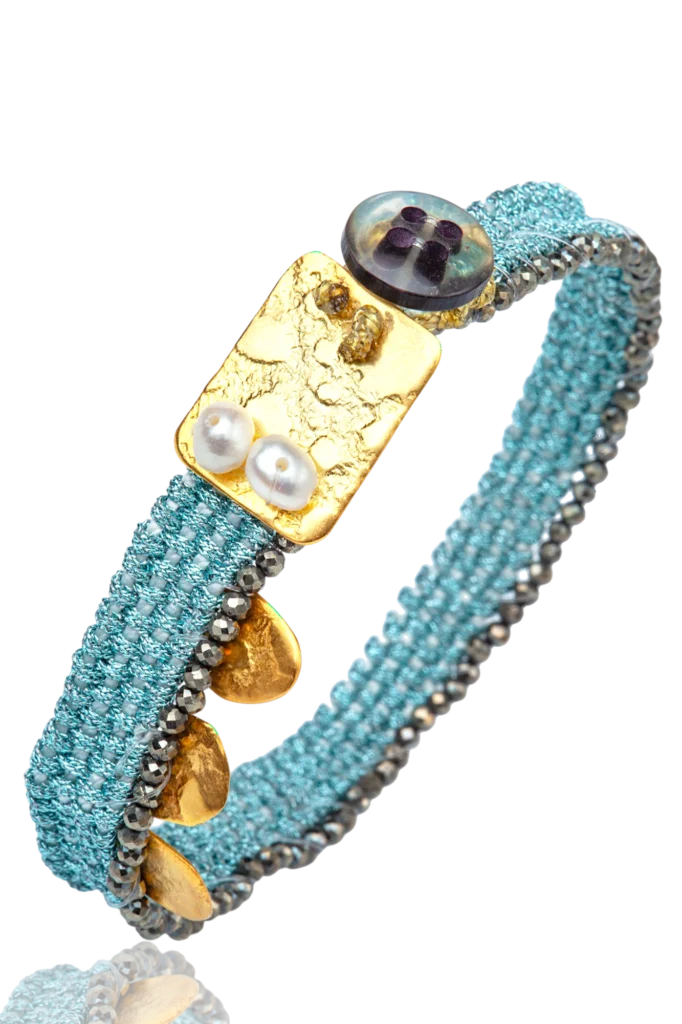 Handmade Woven Bracelet with Pearls, Hematite and Gold-Plated Details