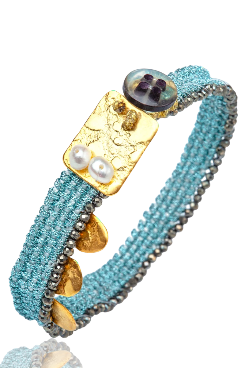 Handmade Woven Bracelet with Pearls, Hematite and Gold-Plated Details