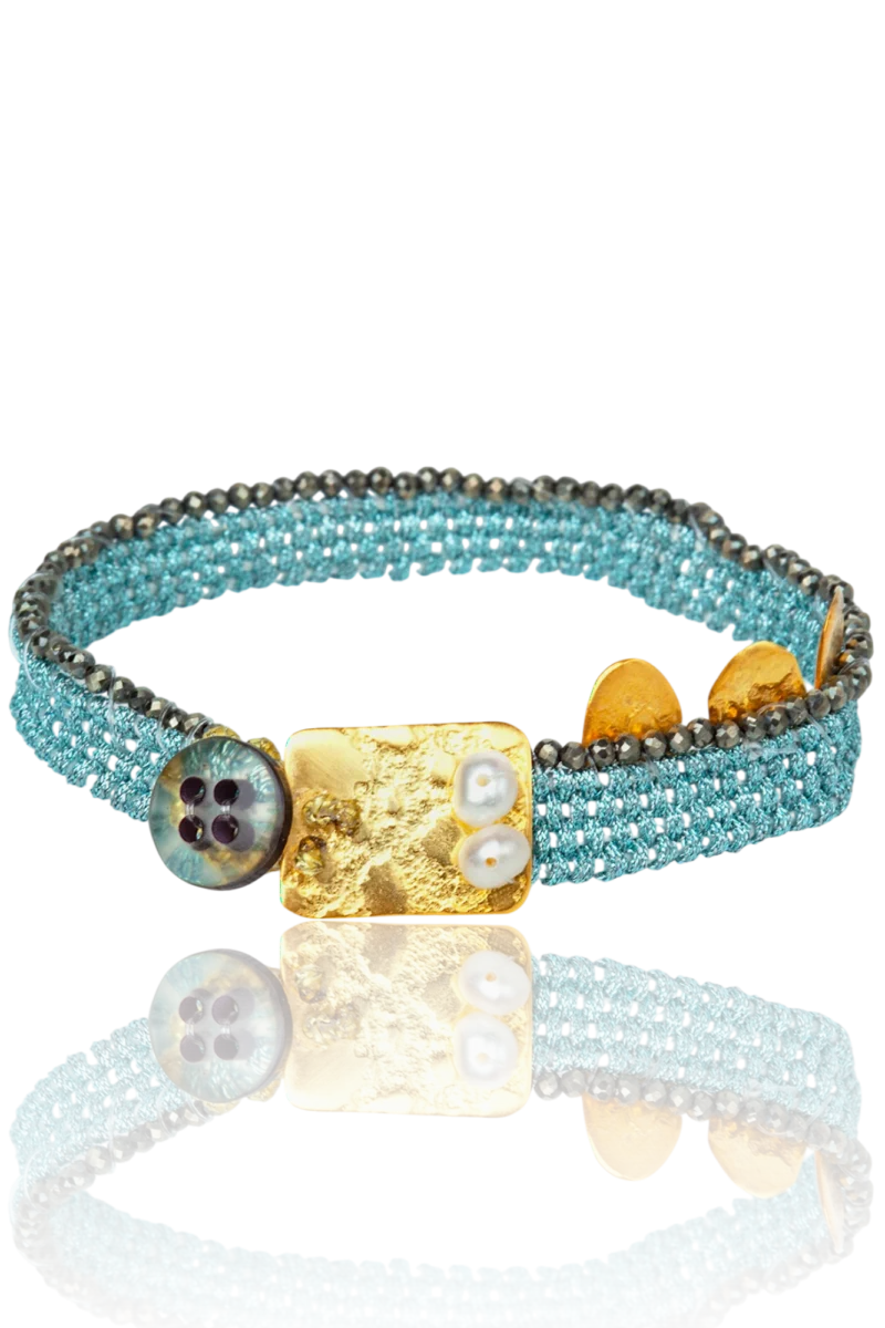Alternative view of Handmade Woven Bracelet with Pearls, Hematite and Gold-Plated Details