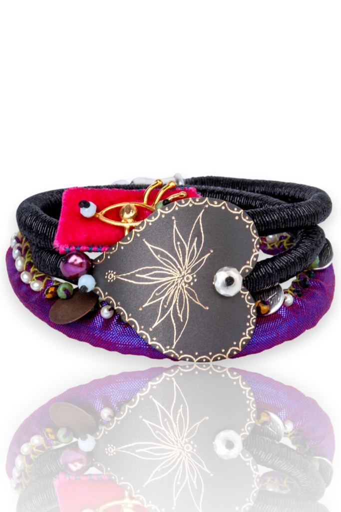 Handmade Engraved Bronze Heart Bracelet with Textile Details