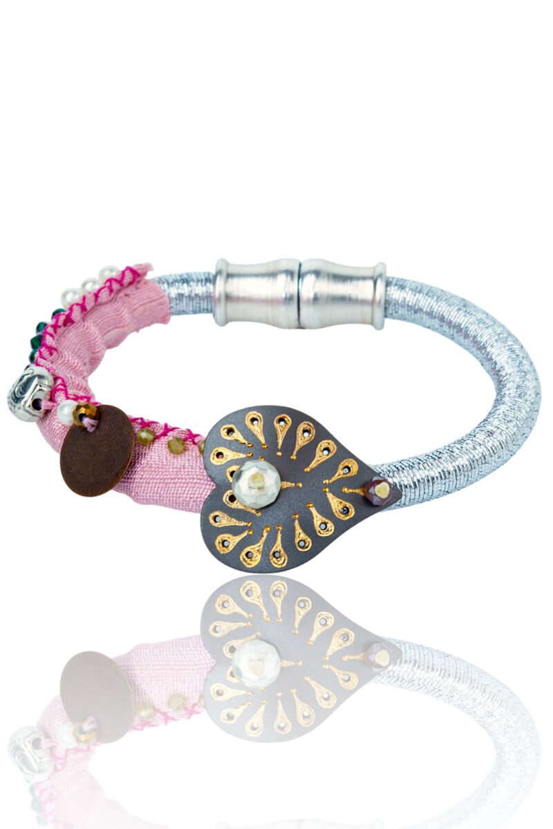 Artisan Hand-Embroidered Pink & Silver Heart Charm Bracelet