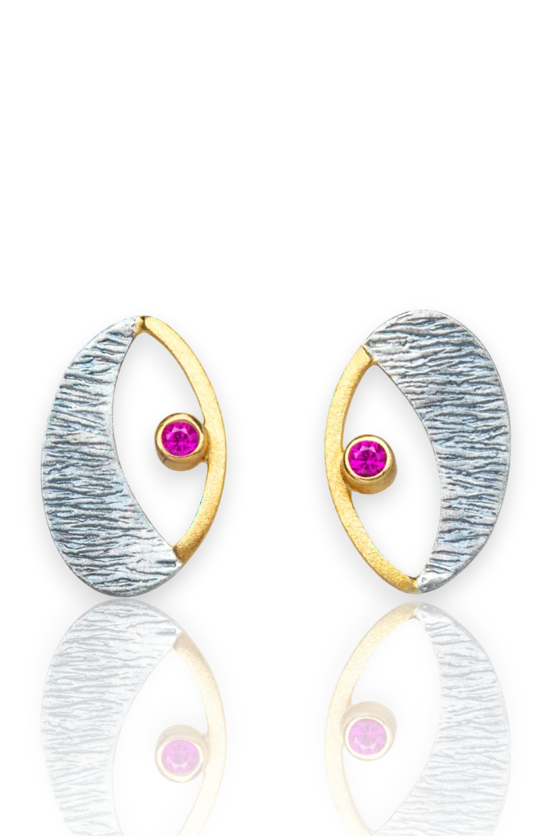 Artisan Open Crescent Hoop Studs in Oxidized Silver