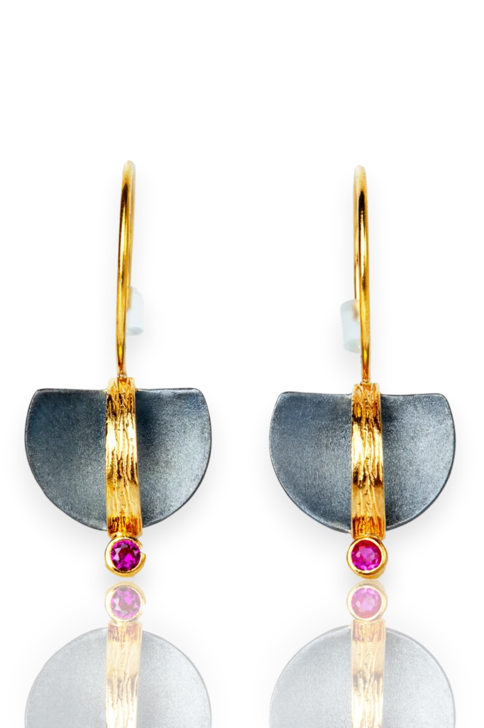 Handmade Silver Earrings with Fuchsia Zircon & Gold-Plated Detail