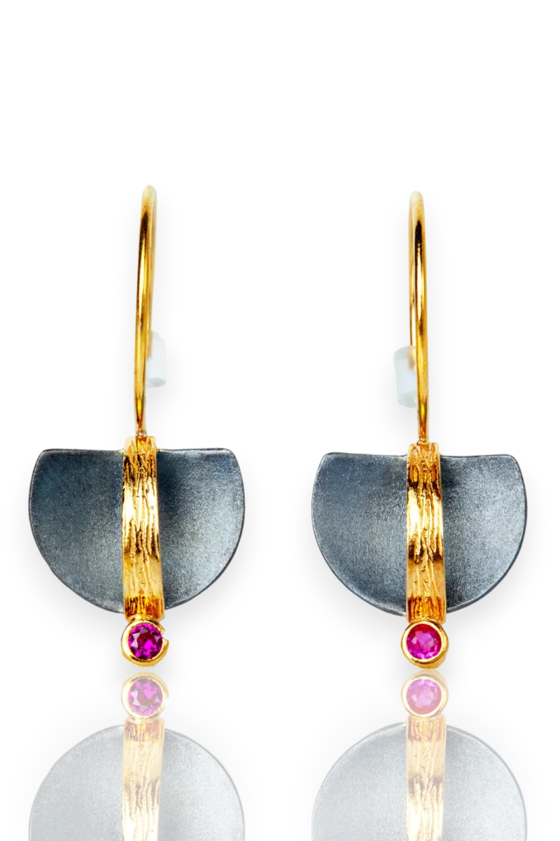 Handmade Silver Earrings with Fuchsia Zircon & Gold-Plated Detail