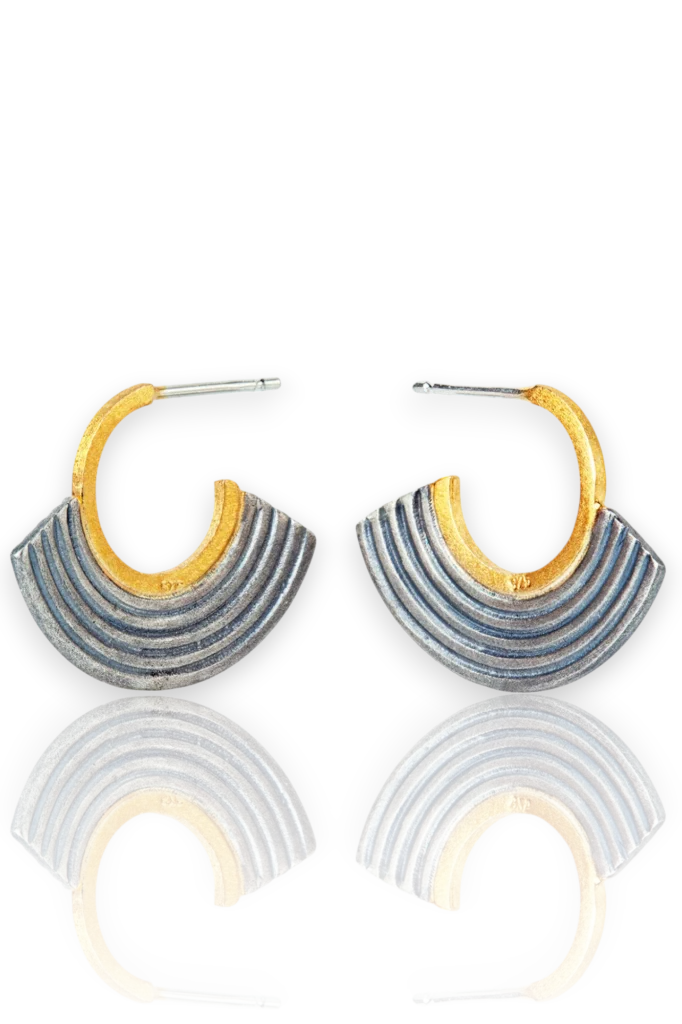 Handmade Silver Crescent Fan Earrings with Gold Plated Inner Arc