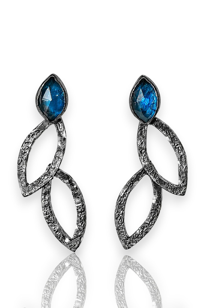 Handmade Textured Leaf Earrings with Blue Apatite Stones