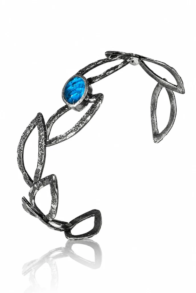 Handmade Textured Leaf Cuff Bracelet with Blue Apatite