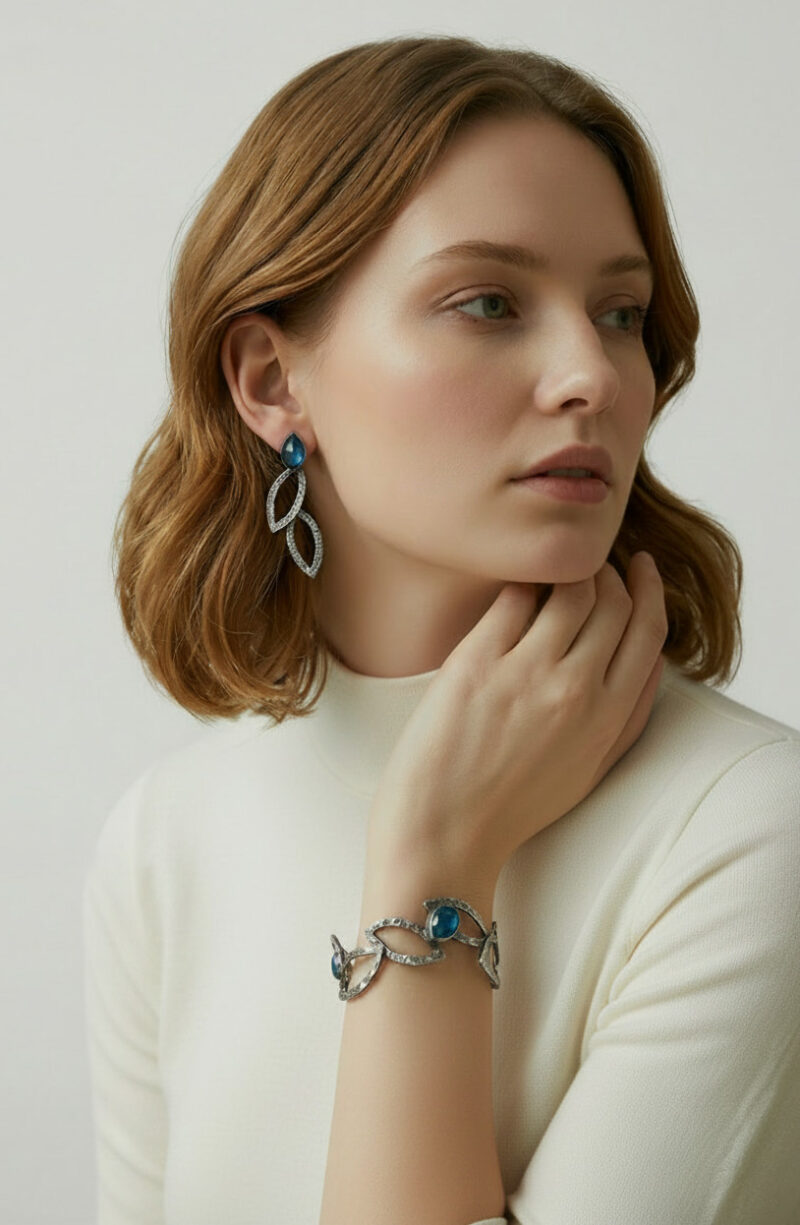 Alternative view of Handmade Textured Leaf Earrings with Blue Apatite Stones