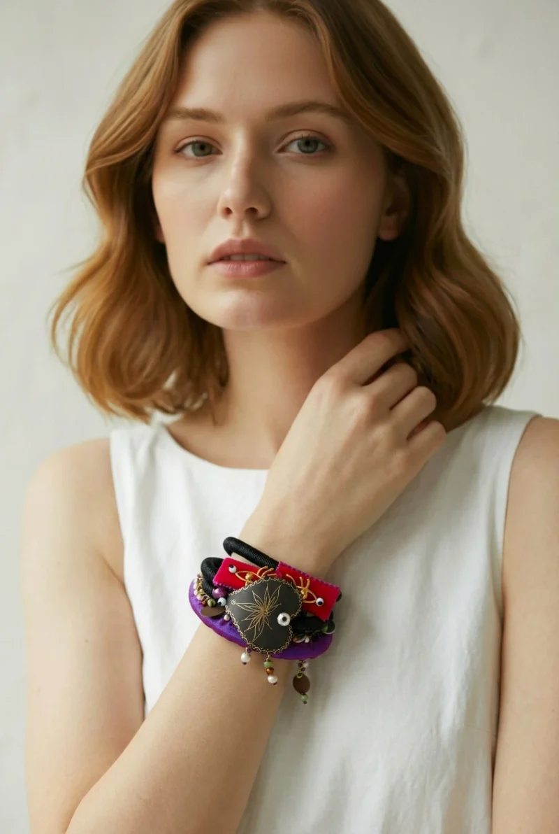 Alternative view of Handmade Engraved Bronze Heart Bracelet with Textile Details