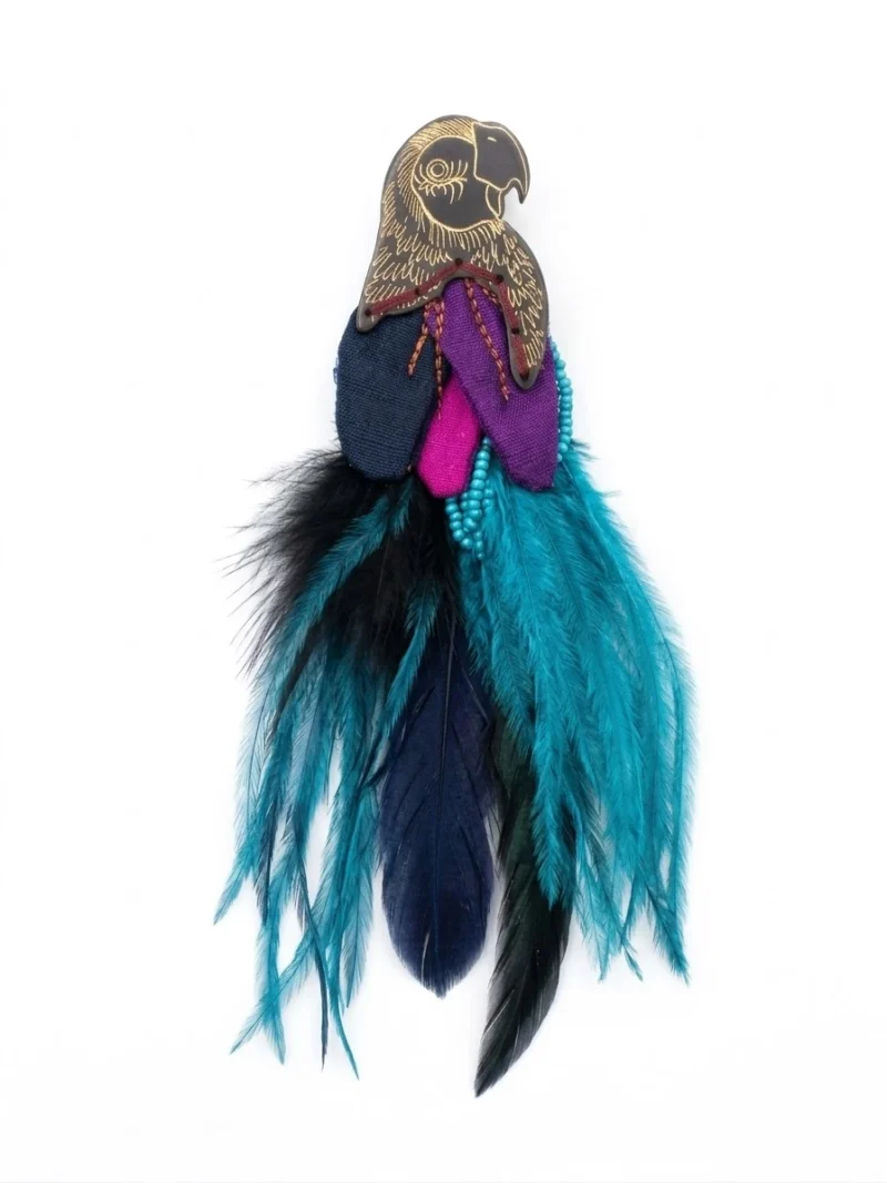 Parrot handmade brooch with turquoise feathers