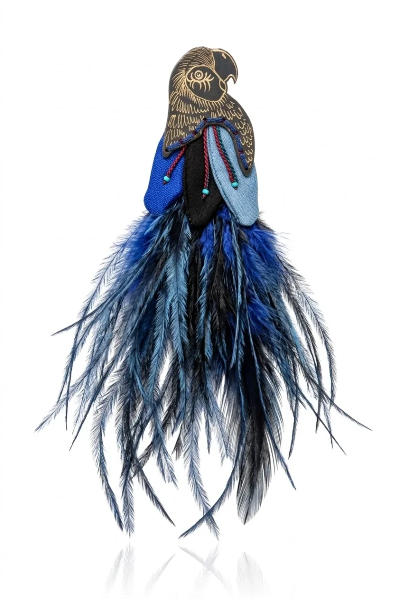 Bronze Parrot Brooch – Hand-Engraved Feather Bird Pin with Plume Tail