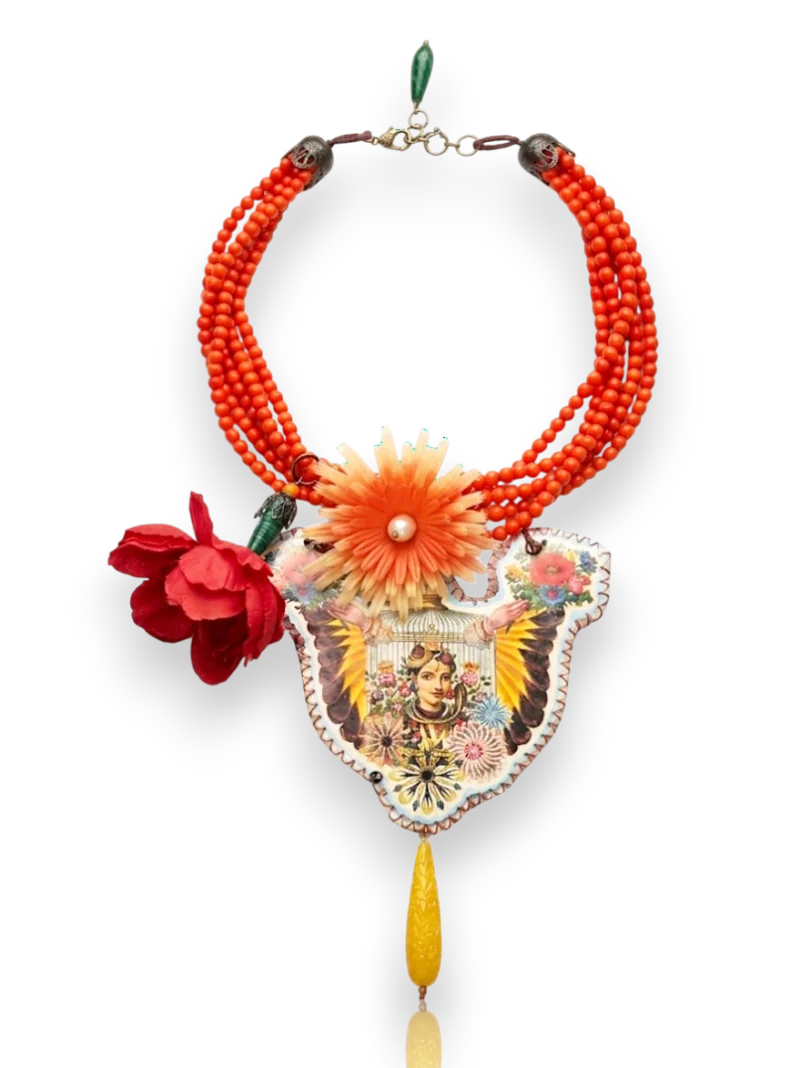 One-of-a-Kind Mixed-Media Necklace – Handmade Beaded Portrait Pendant