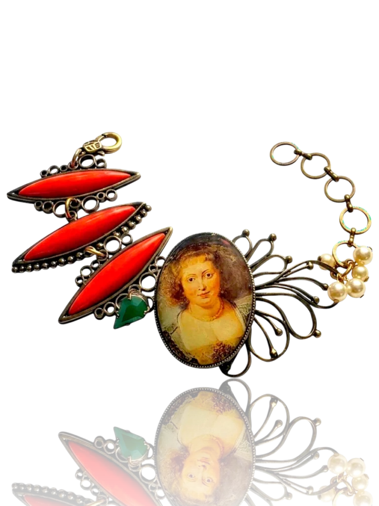 Bronze Portrait Bracelet – Red Cabochon & Pearl Statement Piece