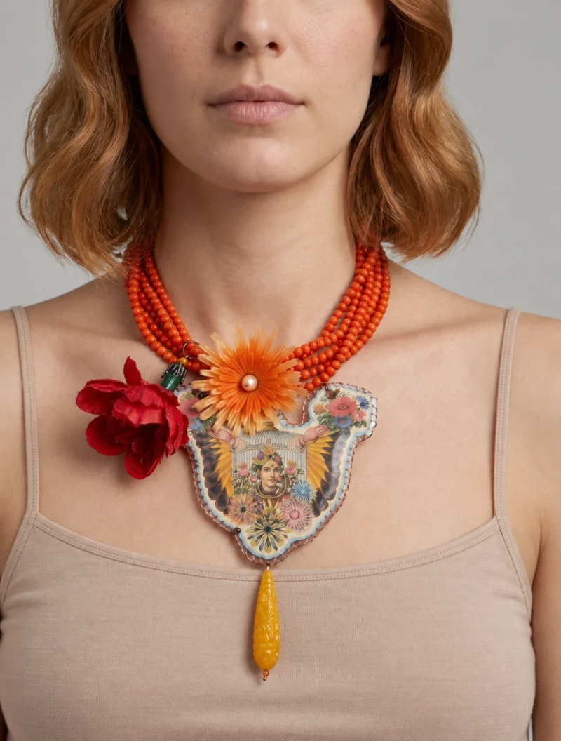 Alternative view of One-of-a-Kind Mixed-Media Necklace – Handmade Beaded Portrait Pendant