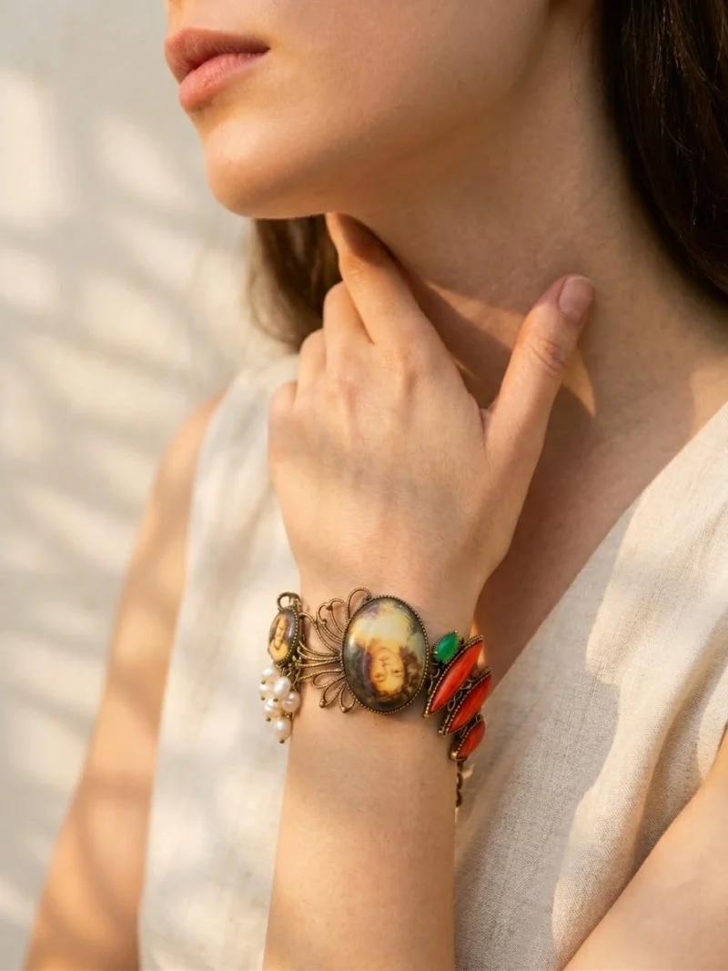 Alternative view of Bronze Portrait Bracelet – Red Cabochon & Pearl Statement Piece